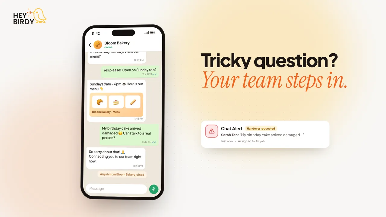 A customer reports a damaged cake and the chat is handed to a team member as a Chat Alert