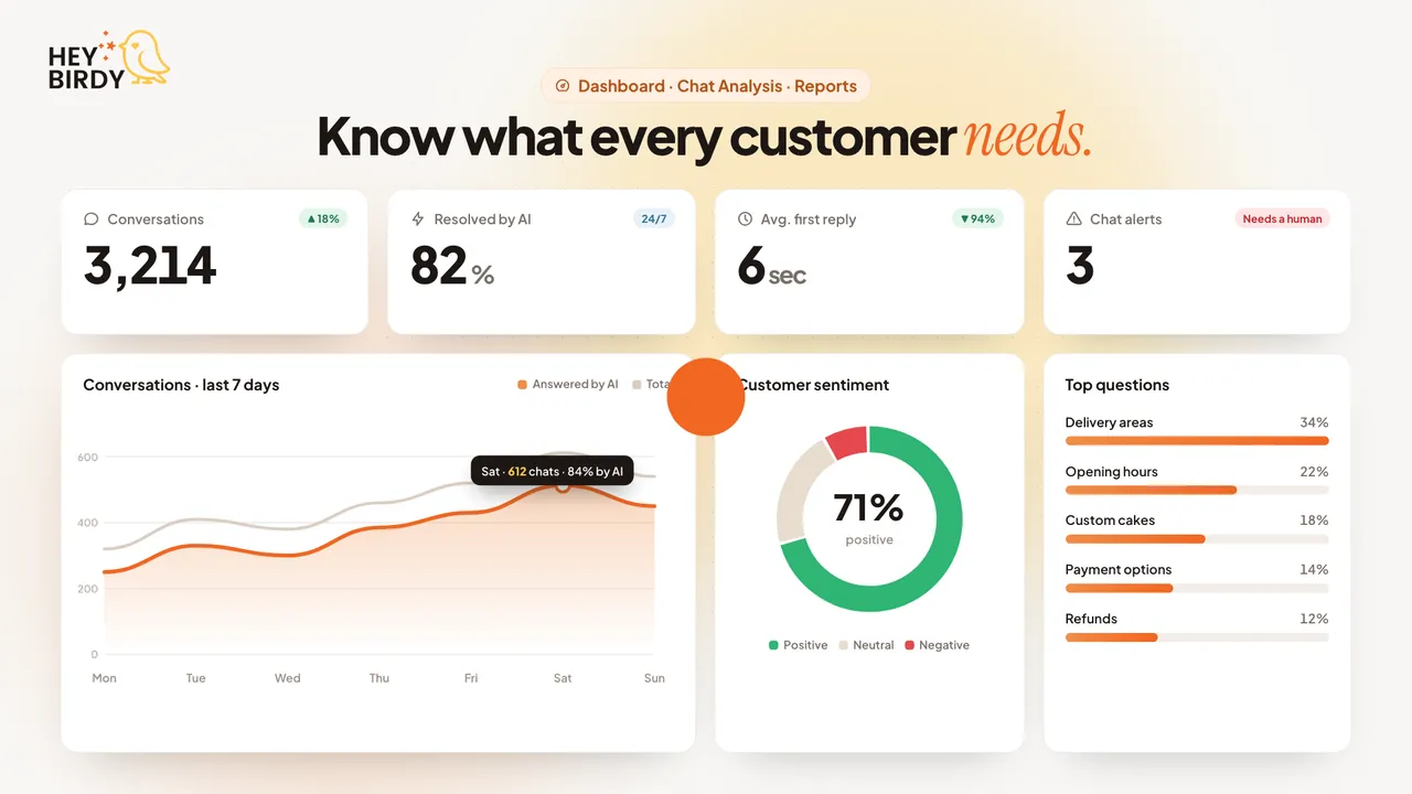 The HeyBirdy dashboard with chat volume, customer sentiment and top questions