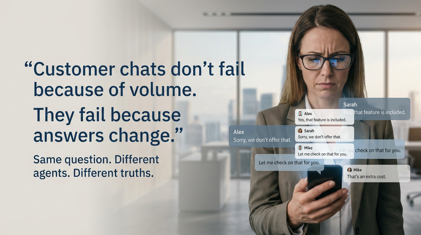 Frustrated businesswoman receiving inconsistent customer service responses on WhatsApp - illustrating how different agents give different answers to the same customer question, causing confusion and trust issues